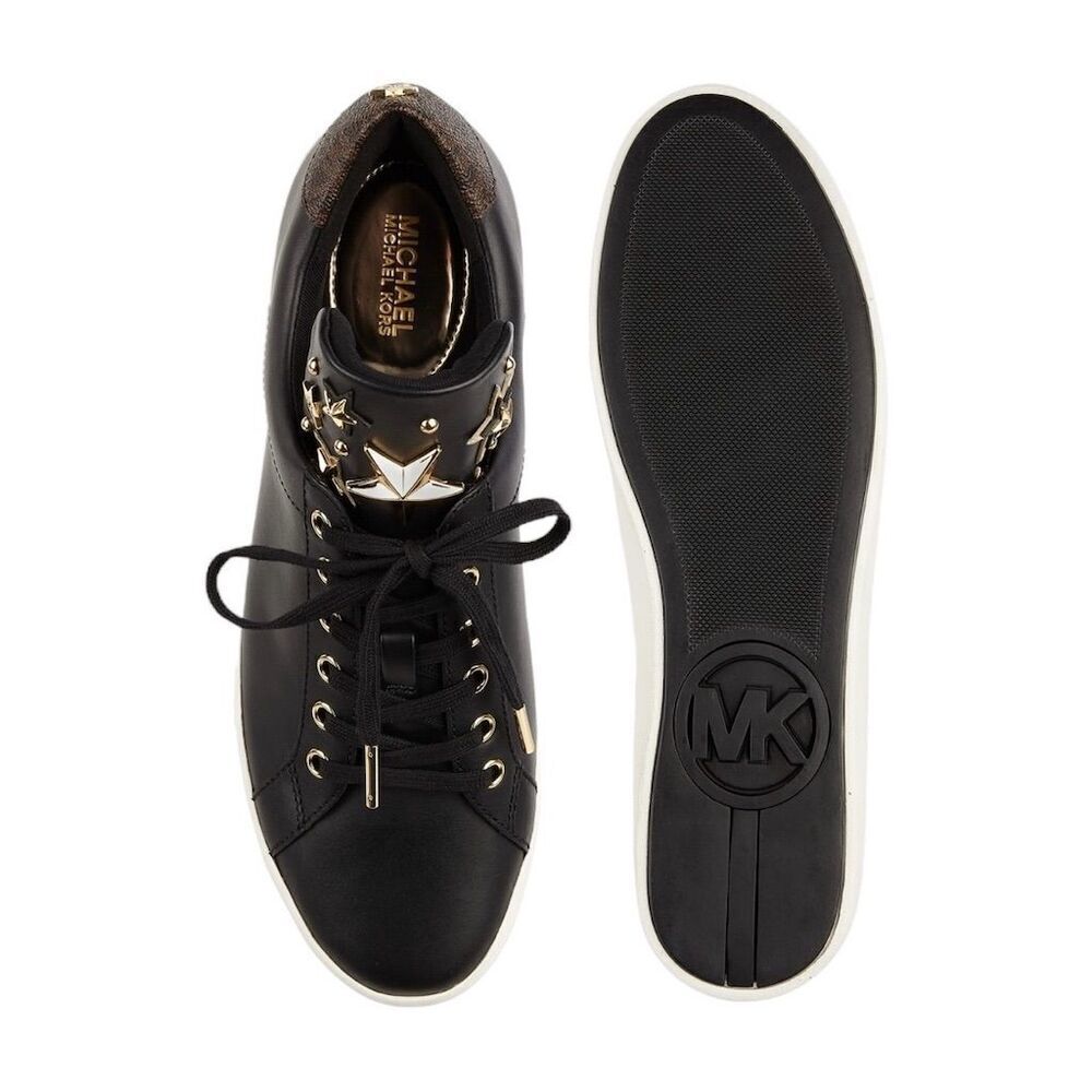Michael Kors Mindy Women's Black Leather Gold Star Casual Sneakers - Picture 4 of 14